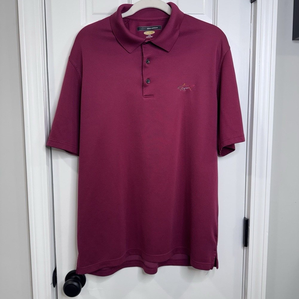 Greg Norman Play Dry Polo Shirt Men Large Red Shark Logo Golf Performance